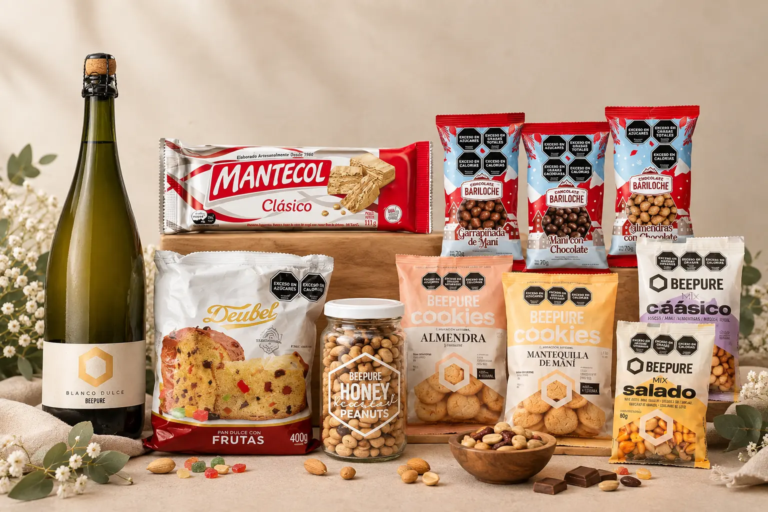 Box Full de BEEPURE con espumante, pan dulce, dulces y snacks